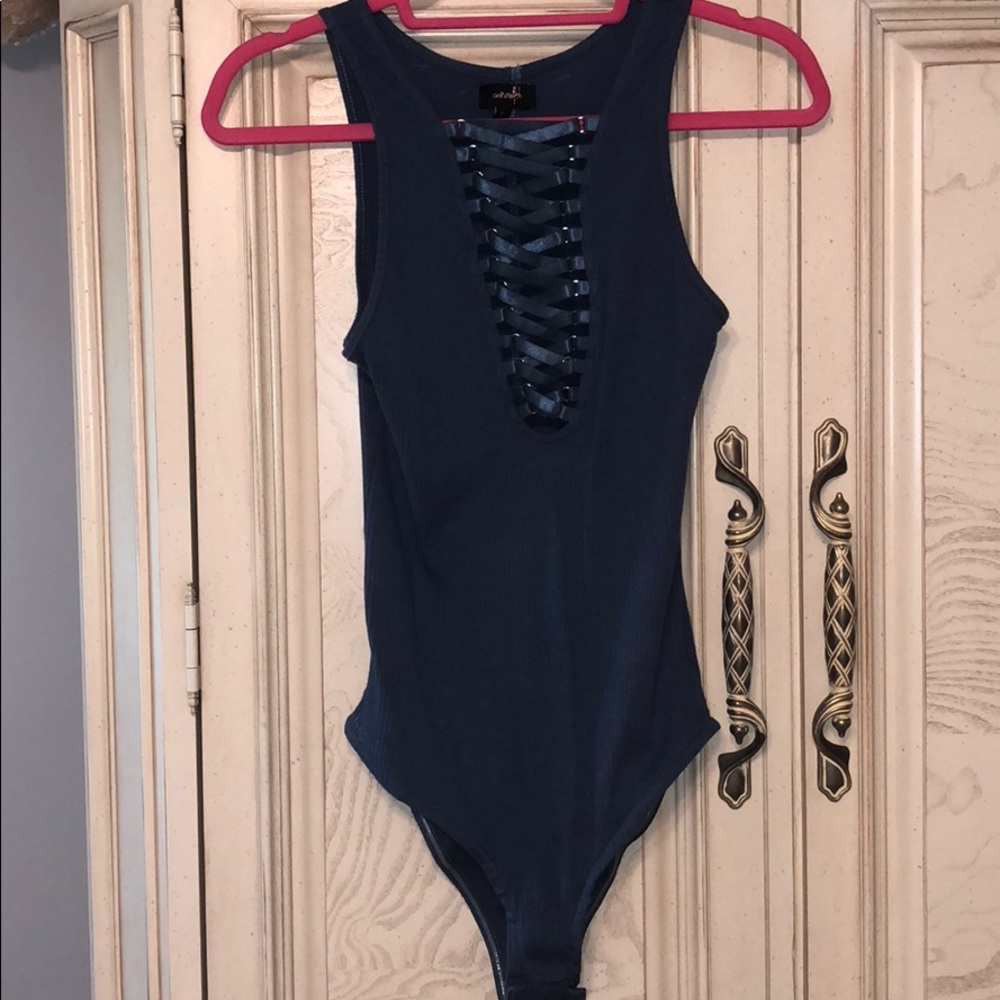 EUC plunging blue bodysuit